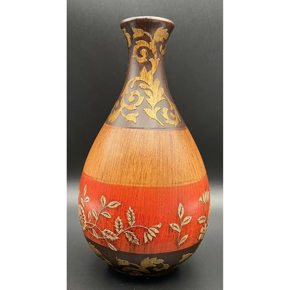 Heritage Mint Ceramic Faux Wood Grain Red Brown Gold Floral Vase 8" 2009 EUC
